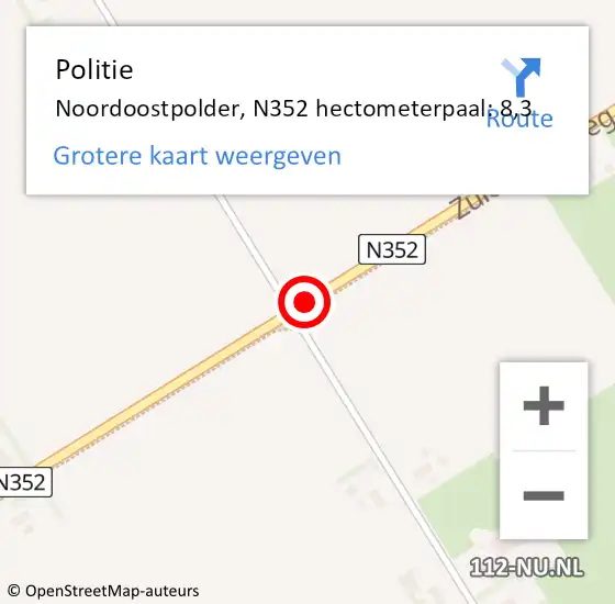 Locatie op kaart van de 112 melding: Politie Noordoostpolder, N352 hectometerpaal: 8,3 op 7 april 2022 12:44