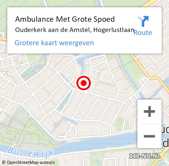 Locatie op kaart van de 112 melding: Ambulance Met Grote Spoed Naar Ouderkerk aan de Amstel, Hogerlustlaan op 7 april 2022 12:54
