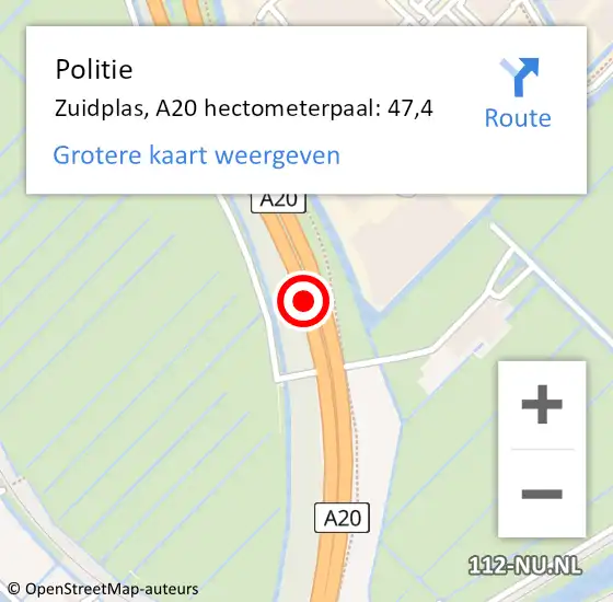 Locatie op kaart van de 112 melding: Politie Zuidplas, A20 hectometerpaal: 47,4 op 7 april 2022 13:25