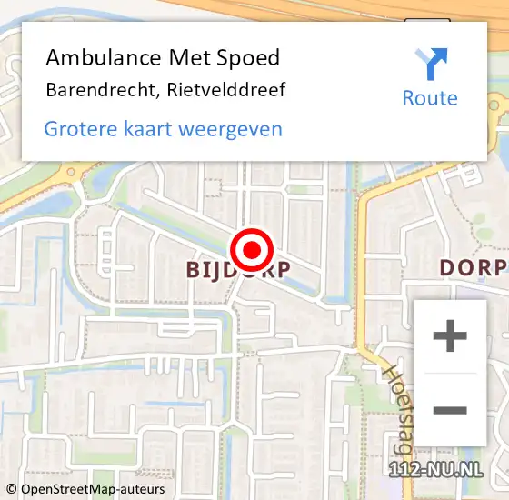 Locatie op kaart van de 112 melding: Ambulance Met Spoed Naar Barendrecht, Rietvelddreef op 7 april 2022 13:28