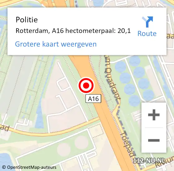 Locatie op kaart van de 112 melding: Politie Rotterdam, A16 hectometerpaal: 20,1 op 7 april 2022 15:40