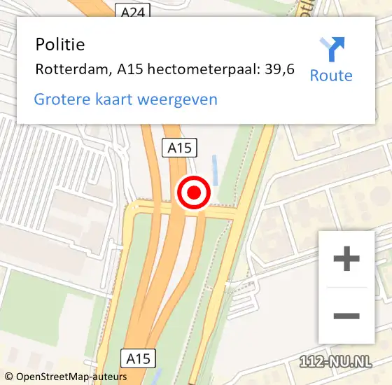 Locatie op kaart van de 112 melding: Politie Rotterdam, A15 hectometerpaal: 39,6 op 7 april 2022 18:57