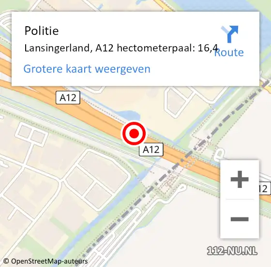 Locatie op kaart van de 112 melding: Politie Lansingerland, A12 hectometerpaal: 16,4 op 7 april 2022 20:59