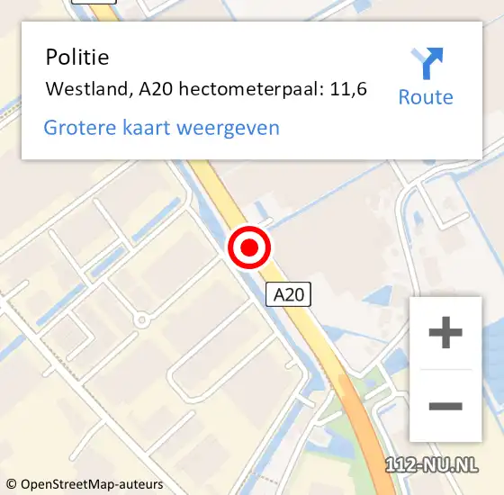 Locatie op kaart van de 112 melding: Politie Westland, A20 hectometerpaal: 11,6 op 7 april 2022 21:43