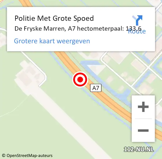 Locatie op kaart van de 112 melding: Politie Met Grote Spoed Naar De Fryske Marren, A7 hectometerpaal: 133,6 op 8 april 2022 00:45