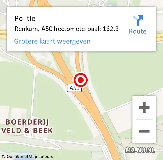 Locatie op kaart van de 112 melding: Politie Renkum, A50 hectometerpaal: 162,3 op 8 april 2022 07:23