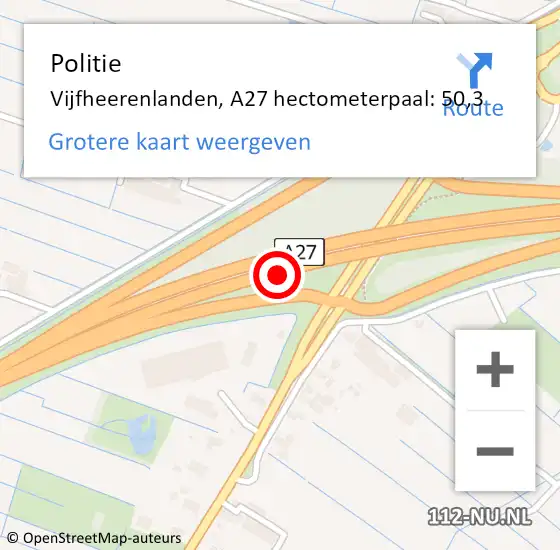 Locatie op kaart van de 112 melding: Politie Vijfheerenlanden, A27 hectometerpaal: 50,3 op 8 april 2022 07:52