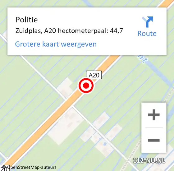 Locatie op kaart van de 112 melding: Politie Zuidplas, A20 hectometerpaal: 44,7 op 8 april 2022 09:25