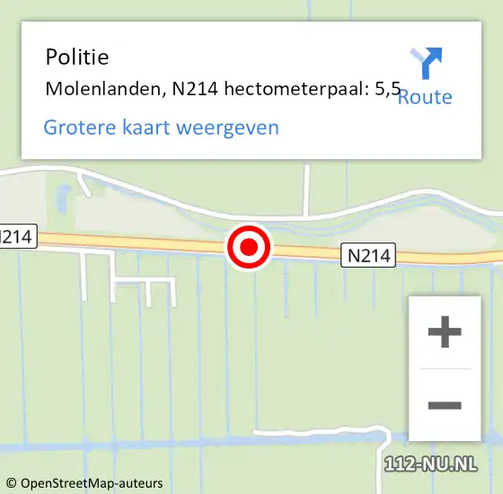 Locatie op kaart van de 112 melding: Politie Molenlanden, N214 hectometerpaal: 5,5 op 8 april 2022 11:27