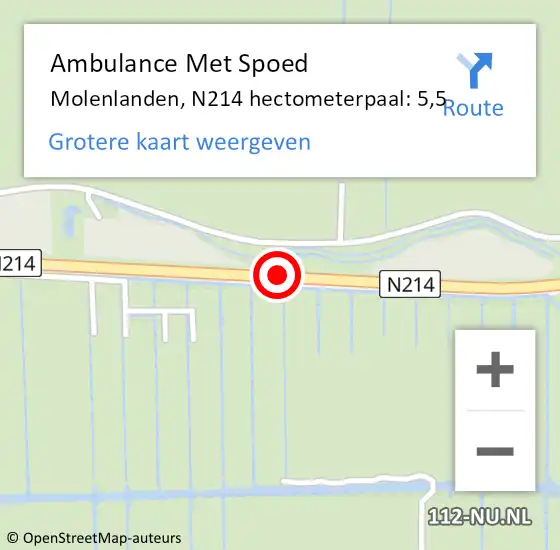 Locatie op kaart van de 112 melding: Ambulance Met Spoed Naar Molenlanden, N214 hectometerpaal: 5,5 op 8 april 2022 11:29