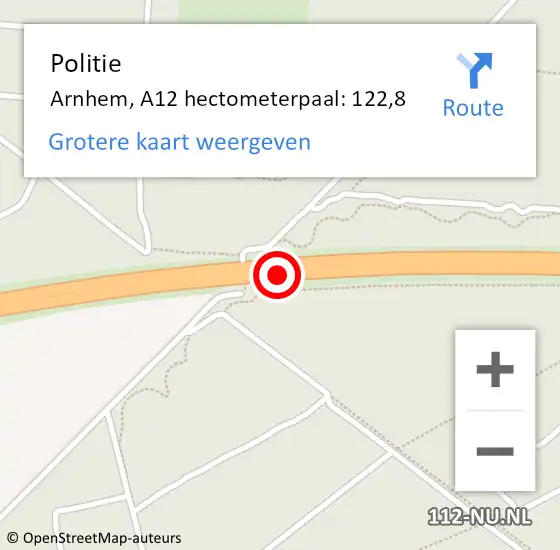 Locatie op kaart van de 112 melding: Politie Arnhem, A12 hectometerpaal: 122,8 op 8 april 2022 11:39