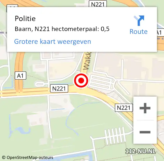 Locatie op kaart van de 112 melding: Politie Baarn, N221 hectometerpaal: 0,5 op 8 april 2022 11:51