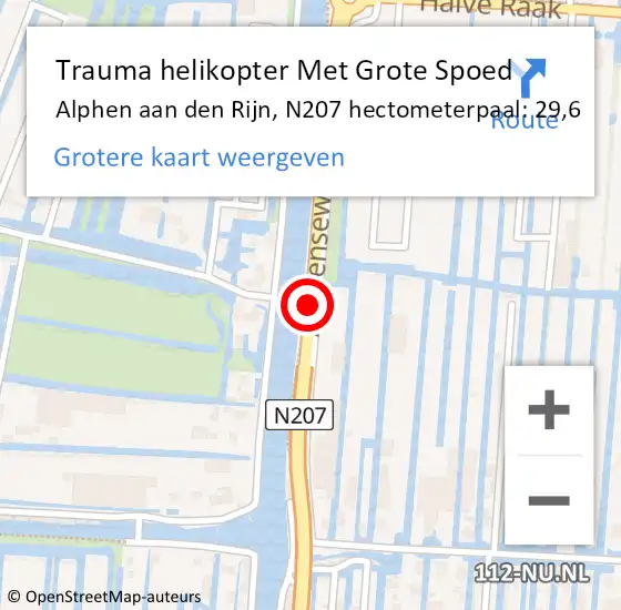 Locatie op kaart van de 112 melding: Trauma helikopter Met Grote Spoed Naar Alphen aan den Rijn, N207 hectometerpaal: 29,6 op 8 april 2022 14:02