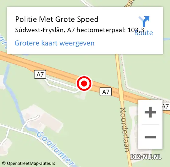 Locatie op kaart van de 112 melding: Politie Met Grote Spoed Naar Súdwest-Fryslân, A7 hectometerpaal: 103,3 op 8 april 2022 14:25