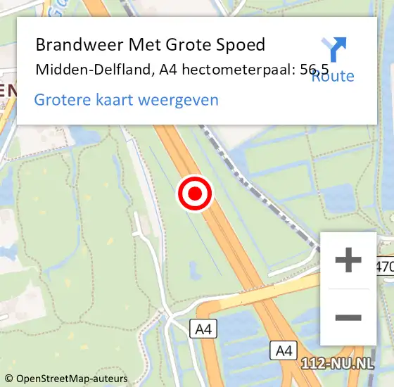 Locatie op kaart van de 112 melding: Brandweer Met Grote Spoed Naar Delft, A4 hectometerpaal: 56,5 op 8 april 2022 16:56