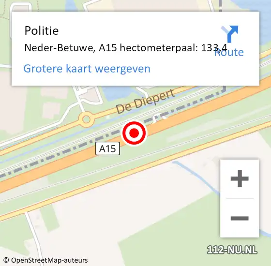 Locatie op kaart van de 112 melding: Politie Neder-Betuwe, A15 hectometerpaal: 133,4 op 8 april 2022 17:11