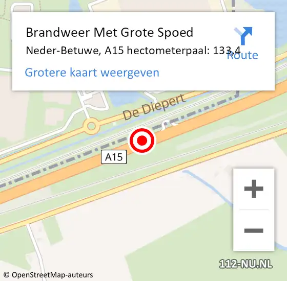 Locatie op kaart van de 112 melding: Brandweer Met Grote Spoed Naar Neder-Betuwe, A15 hectometerpaal: 133,4 op 8 april 2022 17:13