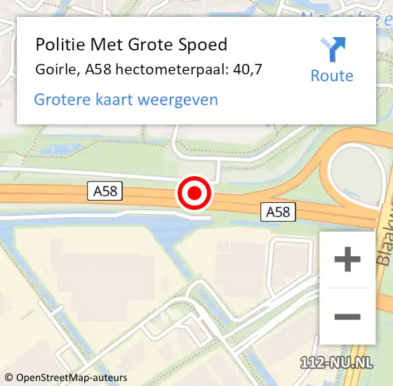 Locatie op kaart van de 112 melding: Politie Met Grote Spoed Naar Goirle, A58 hectometerpaal: 40,7 op 8 april 2022 17:25