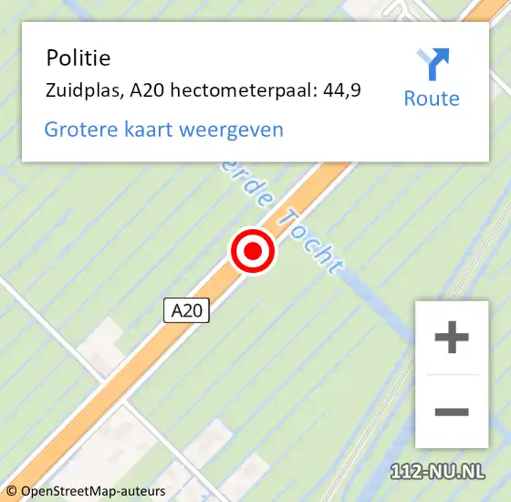 Locatie op kaart van de 112 melding: Politie Zuidplas, A20 hectometerpaal: 44,9 op 8 april 2022 19:44