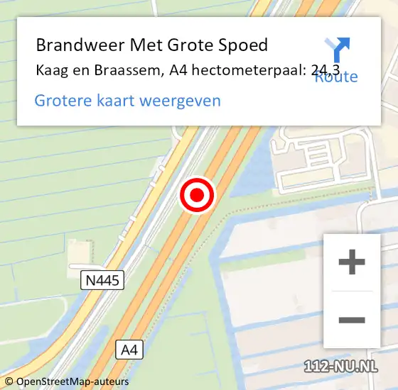 Locatie op kaart van de 112 melding: Brandweer Met Grote Spoed Naar Kaag en Braassem, A4 hectometerpaal: 24,3 op 8 april 2022 23:33