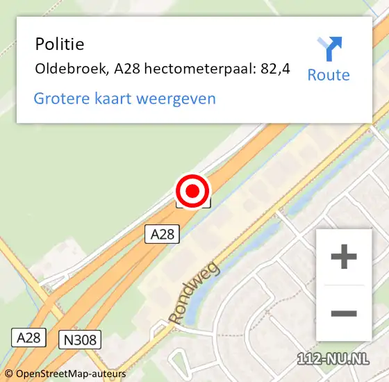 Locatie op kaart van de 112 melding: Politie Oldebroek, A28 hectometerpaal: 82,4 op 9 april 2022 04:45