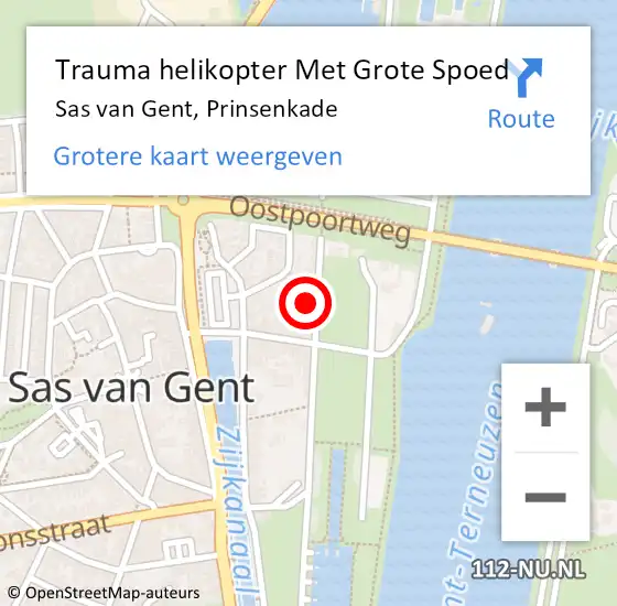 Locatie op kaart van de 112 melding: Trauma helikopter Met Grote Spoed Naar Sas van Gent, Prinsenkade op 9 april 2022 04:47