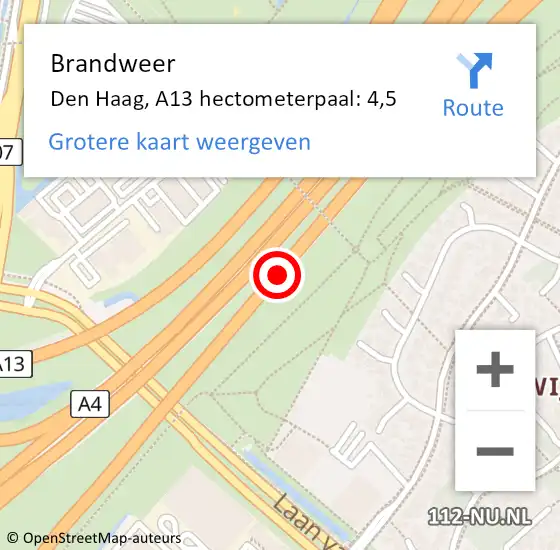 Locatie op kaart van de 112 melding: Brandweer Den Haag, A13 hectometerpaal: 4,5 op 9 april 2022 06:04