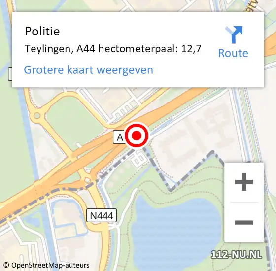 Locatie op kaart van de 112 melding: Politie Teylingen, A44 hectometerpaal: 12,7 op 9 april 2022 06:54