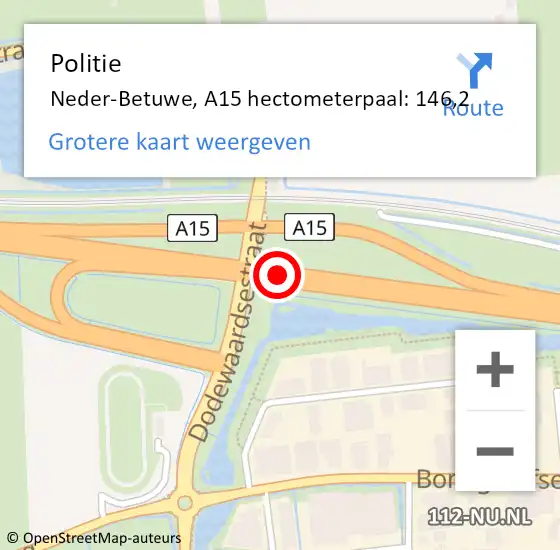 Locatie op kaart van de 112 melding: Politie Neder-Betuwe, A15 hectometerpaal: 146,2 op 9 april 2022 10:12