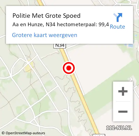 Locatie op kaart van de 112 melding: Politie Met Grote Spoed Naar Aa en Hunze, N34 hectometerpaal: 99,4 op 9 april 2022 11:25