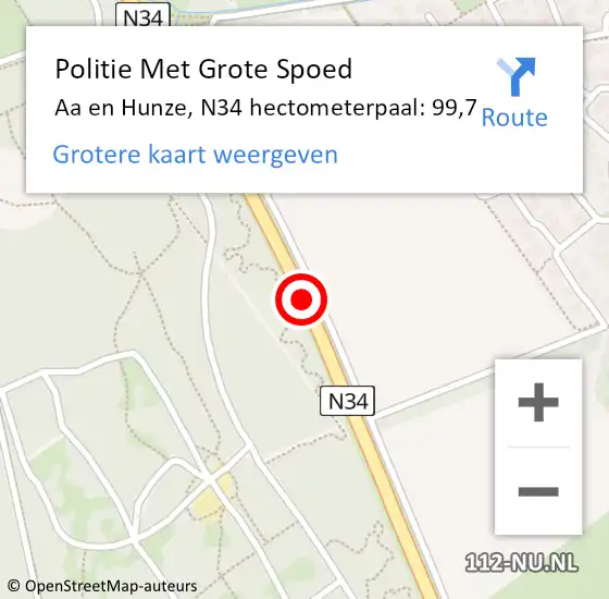 Locatie op kaart van de 112 melding: Politie Met Grote Spoed Naar Aa en Hunze, N34 hectometerpaal: 99,7 op 9 april 2022 11:27