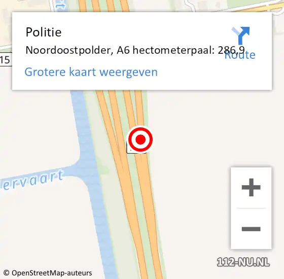 Locatie op kaart van de 112 melding: Politie Noordoostpolder, A6 hectometerpaal: 286,9 op 9 april 2022 11:54