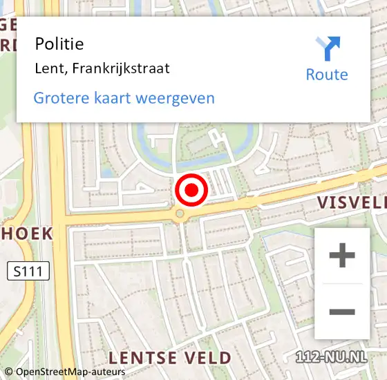 Locatie op kaart van de 112 melding: Politie Lent, Frankrijkstraat op 9 april 2022 12:13