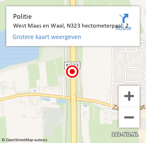 Locatie op kaart van de 112 melding: Politie West Maas en Waal, N323 hectometerpaal: 2 op 9 april 2022 13:30