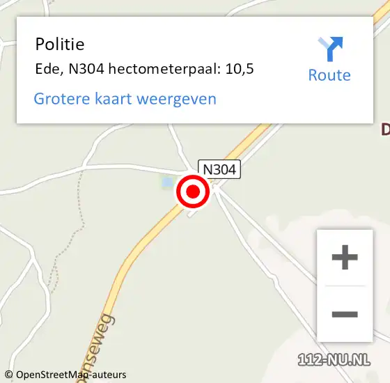 Locatie op kaart van de 112 melding: Politie Ede, N304 hectometerpaal: 10,5 op 9 april 2022 13:50