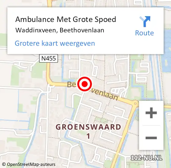 Locatie op kaart van de 112 melding: Ambulance Met Grote Spoed Naar Waddinxveen, Beethovenlaan op 9 april 2022 14:22