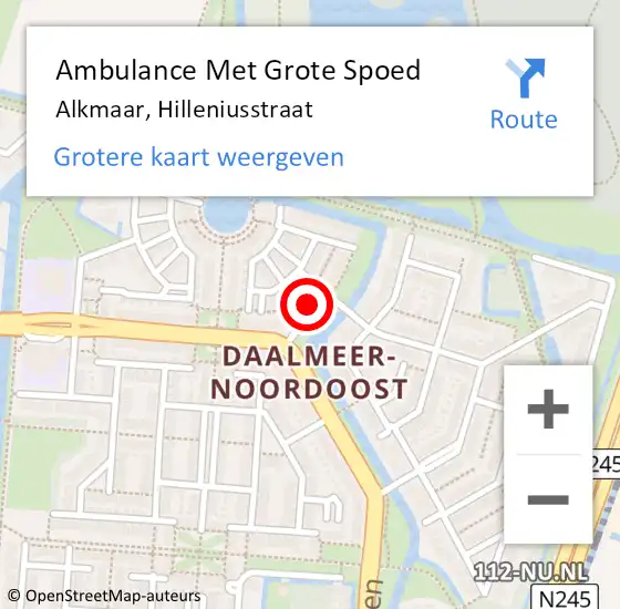 Locatie op kaart van de 112 melding: Ambulance Met Grote Spoed Naar Alkmaar, Hilleniusstraat op 9 april 2022 15:07