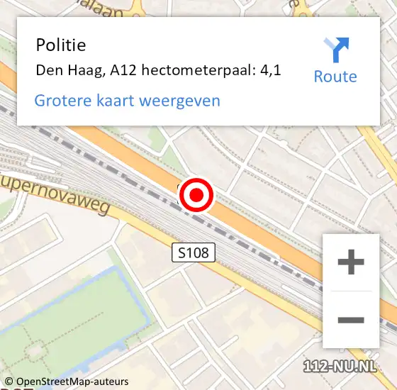 Locatie op kaart van de 112 melding: Politie Den Haag, A12 hectometerpaal: 4,1 op 9 april 2022 18:00