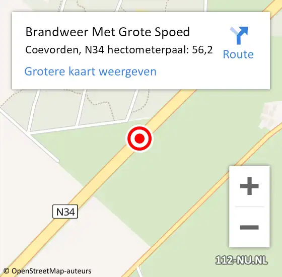 Locatie op kaart van de 112 melding: Brandweer Met Grote Spoed Naar Coevorden, N34 hectometerpaal: 56,2 op 9 april 2022 18:14
