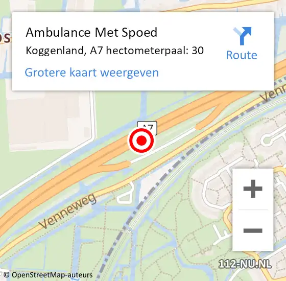 Locatie op kaart van de 112 melding: Ambulance Met Spoed Naar Koggenland, A7 hectometerpaal: 30 op 9 april 2022 18:25