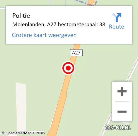 Locatie op kaart van de 112 melding: Politie Molenlanden, A27 hectometerpaal: 38 op 9 april 2022 19:40