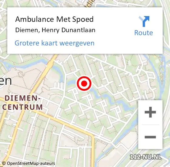 Locatie op kaart van de 112 melding: Ambulance Met Spoed Naar Diemen, Henry Dunantlaan op 9 april 2022 20:23