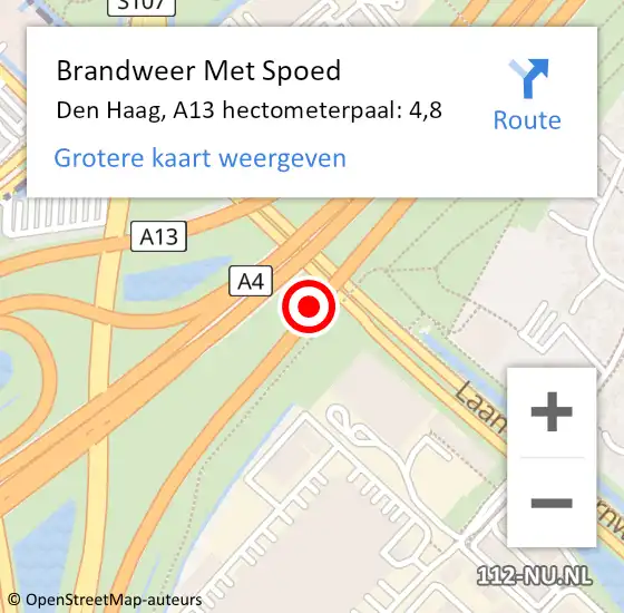 Locatie op kaart van de 112 melding: Brandweer Met Spoed Naar Den Haag, A13 hectometerpaal: 4,8 op 9 april 2022 21:15