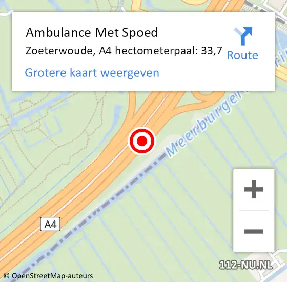 Locatie op kaart van de 112 melding: Ambulance Met Spoed Naar Zoeterwoude, A4 hectometerpaal: 33,7 op 9 april 2022 21:43