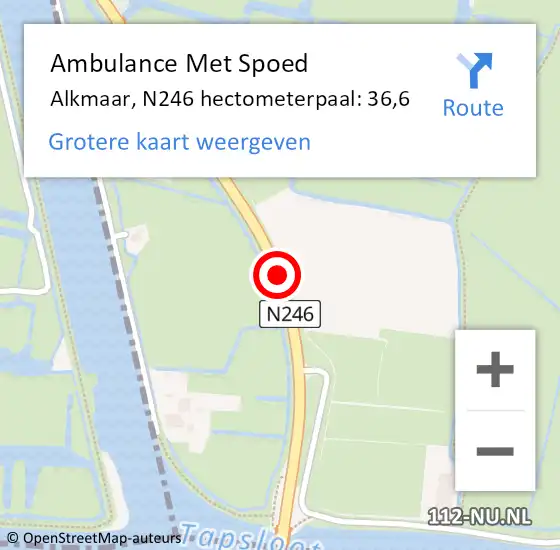 Locatie op kaart van de 112 melding: Ambulance Met Spoed Naar Alkmaar, N246 hectometerpaal: 36,6 op 10 april 2022 00:36