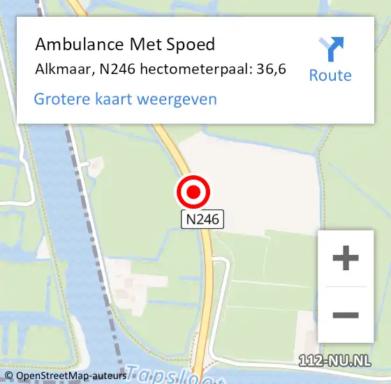 Locatie op kaart van de 112 melding: Ambulance Met Spoed Naar Alkmaar, N246 hectometerpaal: 36,6 op 10 april 2022 00:37