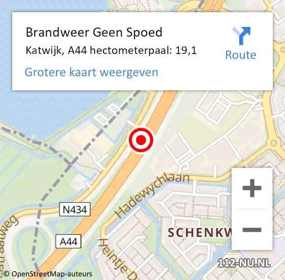 Locatie op kaart van de 112 melding: Brandweer Geen Spoed Naar Katwijk, A44 hectometerpaal: 19,1 op 10 april 2022 01:16