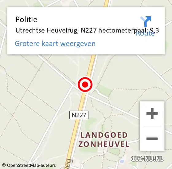 Locatie op kaart van de 112 melding: Politie Utrechtse Heuvelrug, N227 hectometerpaal: 9,3 op 10 april 2022 07:20