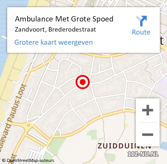 Locatie op kaart van de 112 melding: Ambulance Met Grote Spoed Naar Zandvoort, Brederodestraat op 10 april 2022 07:25