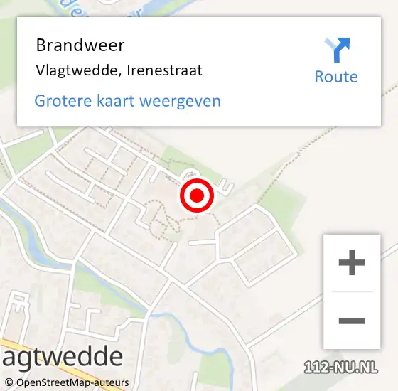 Locatie op kaart van de 112 melding: Brandweer Vlagtwedde, Irenestraat op 10 april 2022 12:13